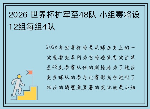 2026 世界杯扩军至48队 小组赛将设12组每组4队