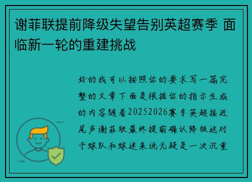 谢菲联提前降级失望告别英超赛季 面临新一轮的重建挑战